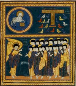 Misa Común de santos IV ("Las almas bajo el altar. Los mártires reciben sus vestiduras". Beato de Saint-Sever, s. XI. f. 113. Biblioteca Nacional de Francia)