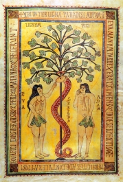 Lunes del Ayuno. ("Adán y Eva y el árbol del bien y del mal", Codex Aemilianensis, f. 17, s. X, Real Biblioteca de San Lorenzo de El Escorial)