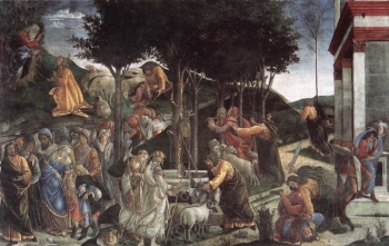 Miércoles II de Cuaresma. ("Pruebas de Moisés", Boticelli, 1481-1482. Capilla Sixtina, Roma)