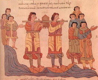 Martes IV de Cuaresma. ("Los sacerdotes portan el Arca de la Alianza a través del río Jordán (Éx 16,6)", Biblia visigótico mozárabe de León, fol. 90r, 960)