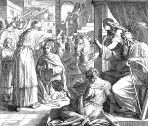 Sábado V de Cuaresma. ("David proclama por rey a Salomón", Julius Schnorr von Carolsfeld, "Die Bibel in Bildern", 1851-1860)