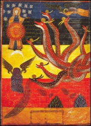 Domingo VI de Pascua. ("La mujer vestida de sol y el dragón". Beato de Facundo, f. 186v.  Biblioteca Nacional, Madrid (s. XI))
