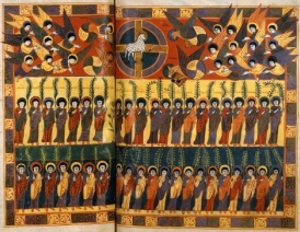 Domingo VII de Pascua. ("Adoración del Cordero". Beato de Saint Sever, ff. 120v-121.  Biblioteca Nacional de Francia (s. XI))