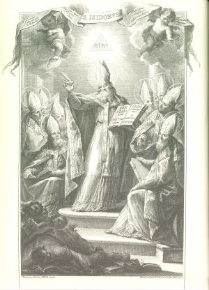 San Isidoro rodeado de los santos Padres Toledanos, presenta el Breviario (anteportada) (Pintor: Mariano Salvador Maella; Grabador: Manuel Salvador Carmona)